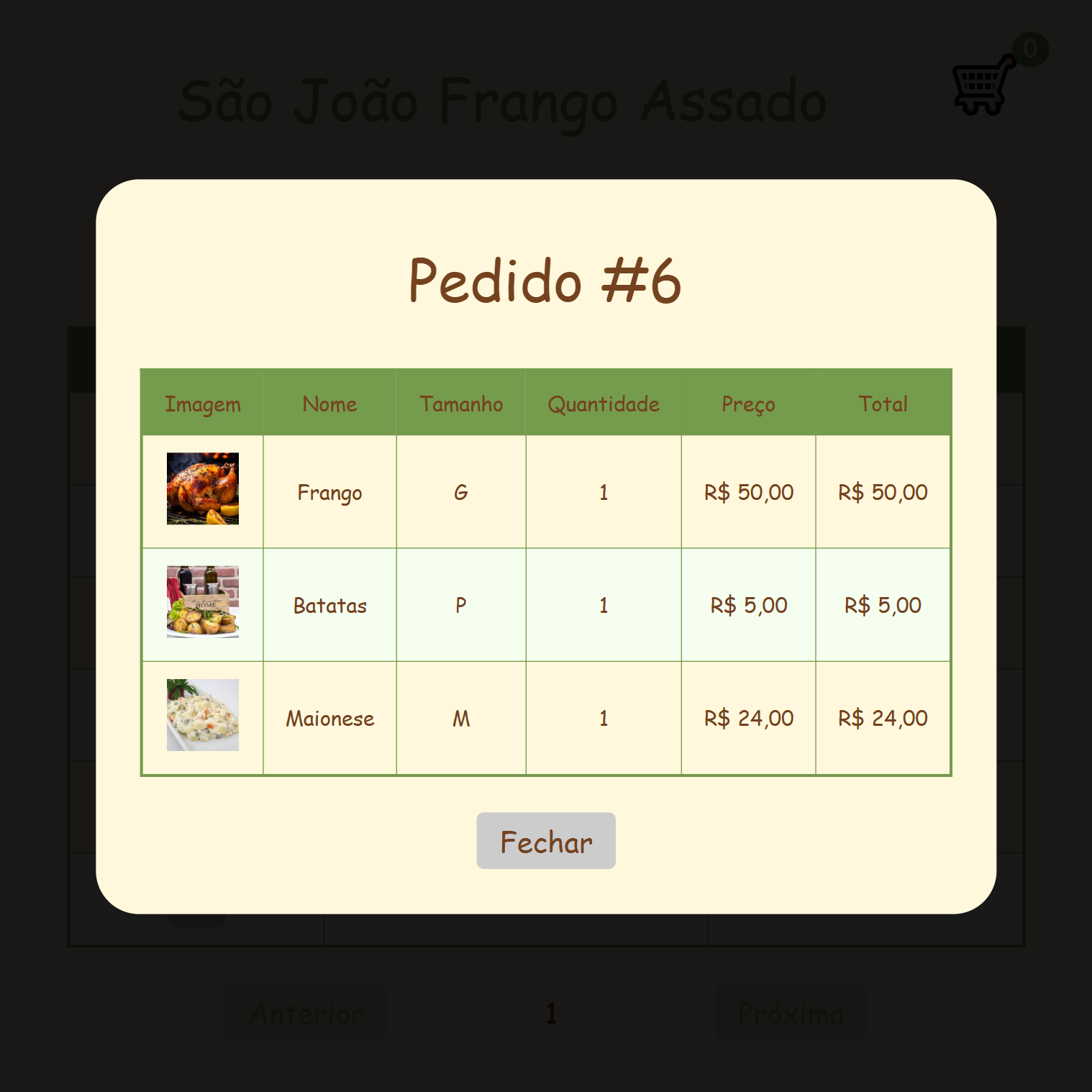 Project São João Frango Assado Order Details Screenshot